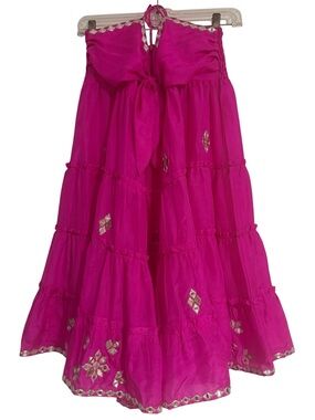 NWT Juliet Dunn Halter Hot Pink Mirrored Embellished Tiered Mini Dress Size 4-6